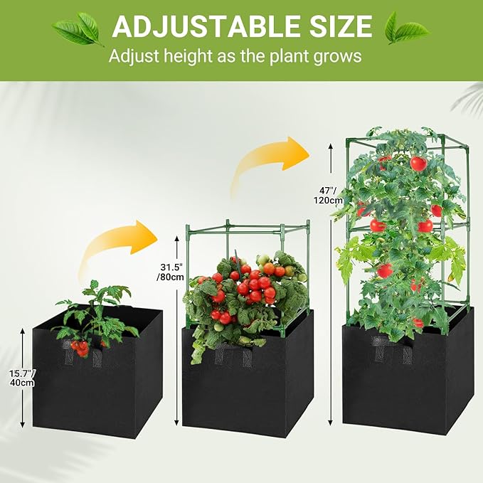 3 Pack Tomato Cages with 17 Gallon Grow Bags, 47” Heavy Duty Square Tomato Plant Stakes Support Cages Trellis for Garden Climbing Vegetables Flowers Fruits (47IN Tall, Extra-Bold)