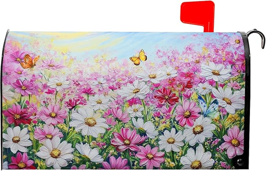 Pink Flower Mailbox Cover Summer Butterfly Mailbox Covers Magnetic Standard Size Spring Daisy Mail Box Wrap Colorful Floral Post Letter Box Cover 21x18 inch for Garden Farmhouse Outdoor Decoration