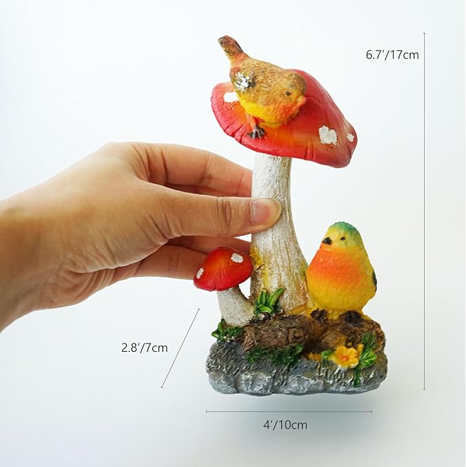 Garden Decoration Birds on Mashrooms Statue, Outdoor and Indor Decor Resin Figurine Attract Birds