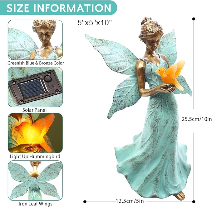 Solar Fairy Garden Statue Decor - Xmas Gifts for Women Mom Grandma Sister Christmas, 10 Inch Leaf Angel Girls Resin Home Decoration with Hummingbird LED Lights for Bedroom Balcony Outdoor Yard Patio