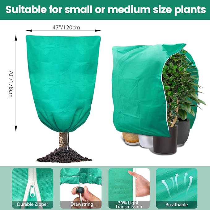 Plant Covers Freeze Protection, 2 Packs 47"W x 70"H Large Frost Cloth Blankets 2.47oz/yd² with Zipper Drawstring, Reusable Frost Tree Covers Shrub Jackets for Winter Outdoor Plants Potted Fruit Tree