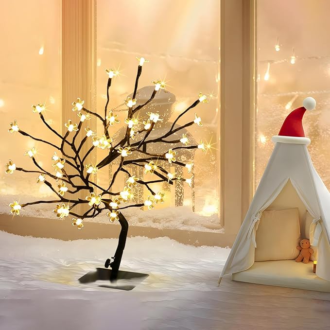 Cherry Blossom Tree Lights,Artificial Bonsai Tree with 48 Warm White LED Lights, 16.2 Inch Prelit Cherry Blossom Lamp for Christmas Party Wedding Gift Home Tabletop Decoration