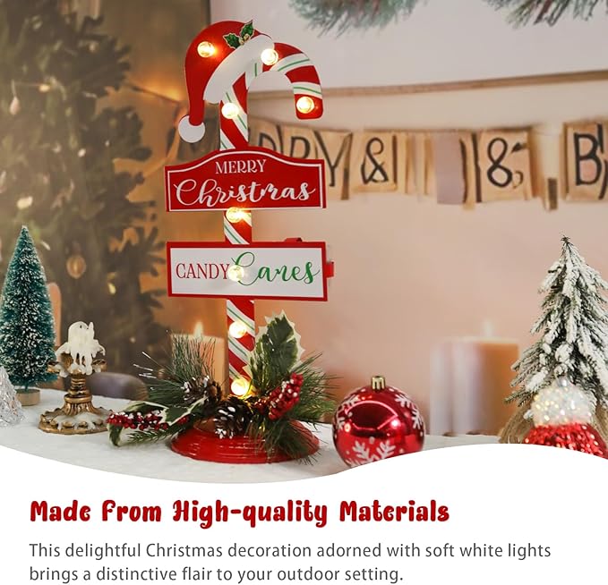 Vigdur Christmas Candy Cane Decoration - 16" Pre-Lit Metal Candy Cane Table Ornament with LED Lights & Timer, Battery Operated Light Up Christmas Sign for Indoor Mantel Shelf Holiday Home Décor