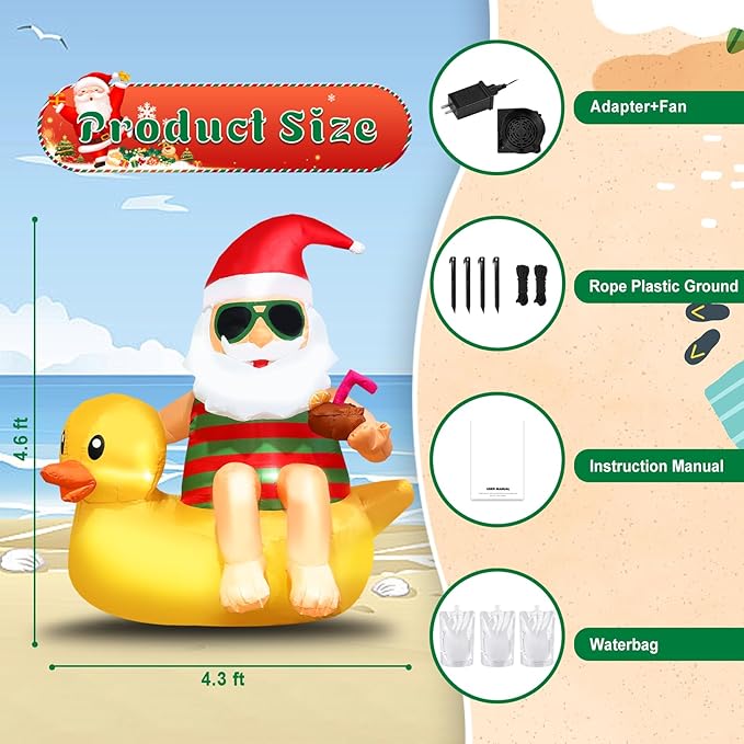 Christmas Inflatable Outdoor Decoration Blow Up 4.5ft Hawaii Santa take Coco Drink Inflate Xmas Decor Cute Blow Up Duck Santa Claus with LED for Outside Yard Garden Lawn Party Decor
