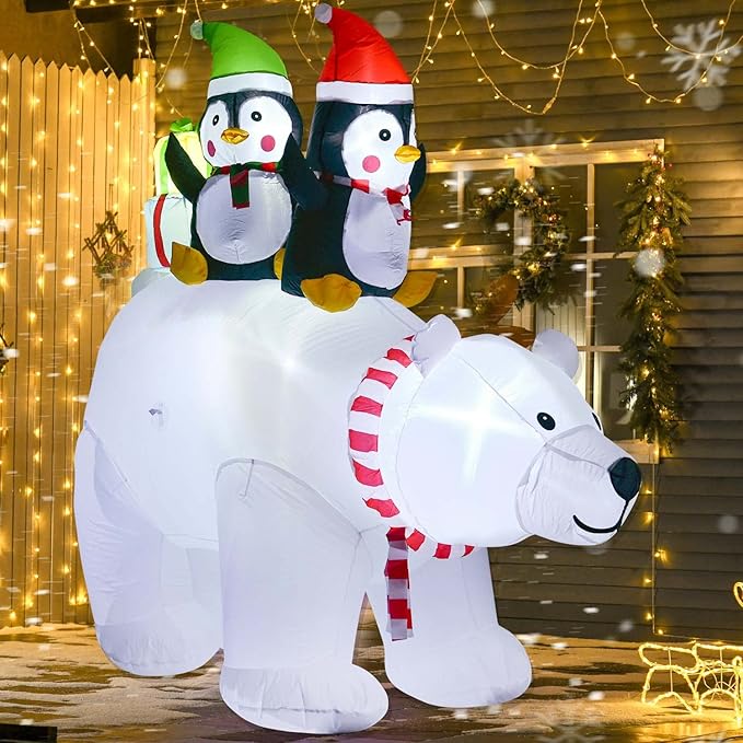 DearHouse 7FT Inflatable Christmas Polar Bear with Penguin and Gift, 5 Led Lights Xmas Holiday Blow Up Family Party Decoration Yard Lawn Favors Indoor Outdoor Inflatables