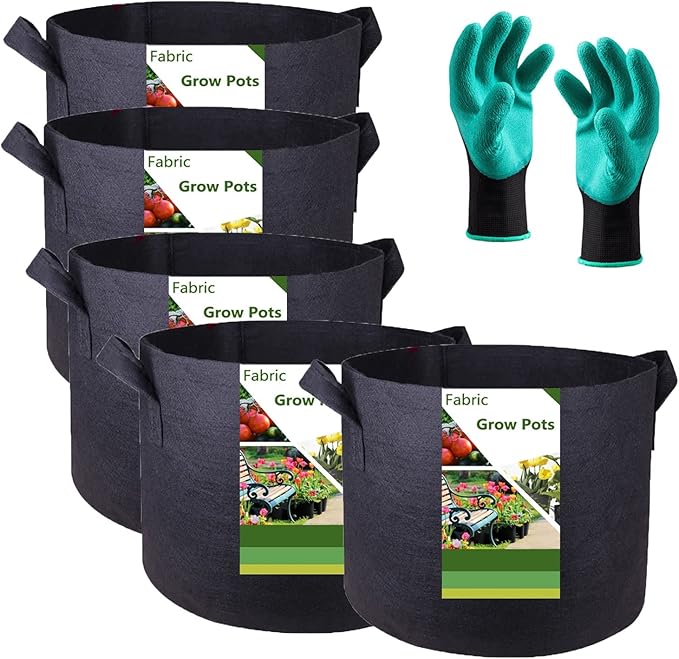 5-Pack 5 Gallon Thickened Plant Grow Bags (12x10 inch) Garden Bags Fabric Plant Pots for Flower Pot,Tomato Planters,Herbs Veggies,Potato Planter Bag,Garden Pot,Barrel Planter,Plant Container W/ Gloves