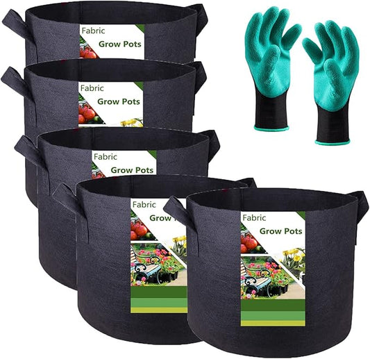 5-Pack 10 Gallon Thickened Plant Grow Bags (16x12 inch) Garden Bag Fabric Plant Pots for Tomato,Potato Planters,Herbs Veggies Planter Bag,Garden Pot,Flower Pot,Barrel Planter,Plant Container W/ Gloves