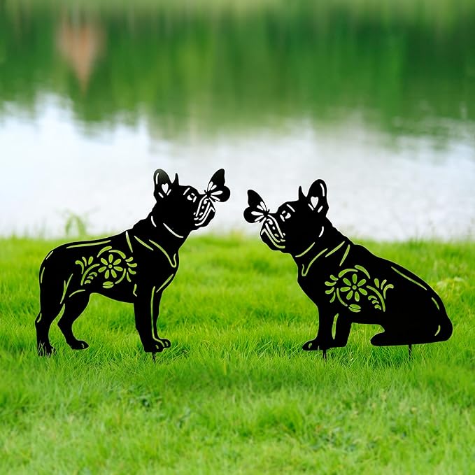 Bulldog Dog Metal Decor for Outside,Garden Stakes Decorative Dog Gifts for Women/Men,Black Silhouette Statues for Yard Ornaments,Lawn, Patio, Pathway,Outdoor Garden Decor