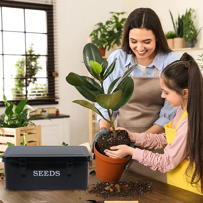 Seed Saving Box, Metal Seed Bin, Seed Storage Organizer, Seed Packet Container with Lid, Seed Envelope Storage Box, 4 Compartments Garden Seed Bin with Safety Locks-Black