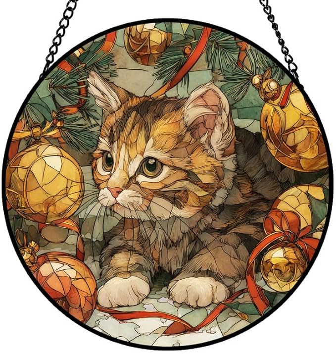 Stained Glass Window Hanging – 7.8 in Cute Kitten with Christmas Ornaments Panel with Chain， Bathroom Front Door Living Room Garden Decor， Gift for Mom Wife Lovers