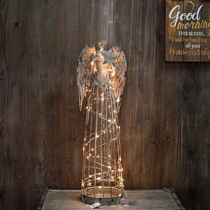 Antiqued Metal Garden Angel Statue with Star Wand, Indoor Outdoor Angel Yard Art Decor Lawn Patio Decorations Holiday Decor Garden Present Idea, 26"H (Star Wand)