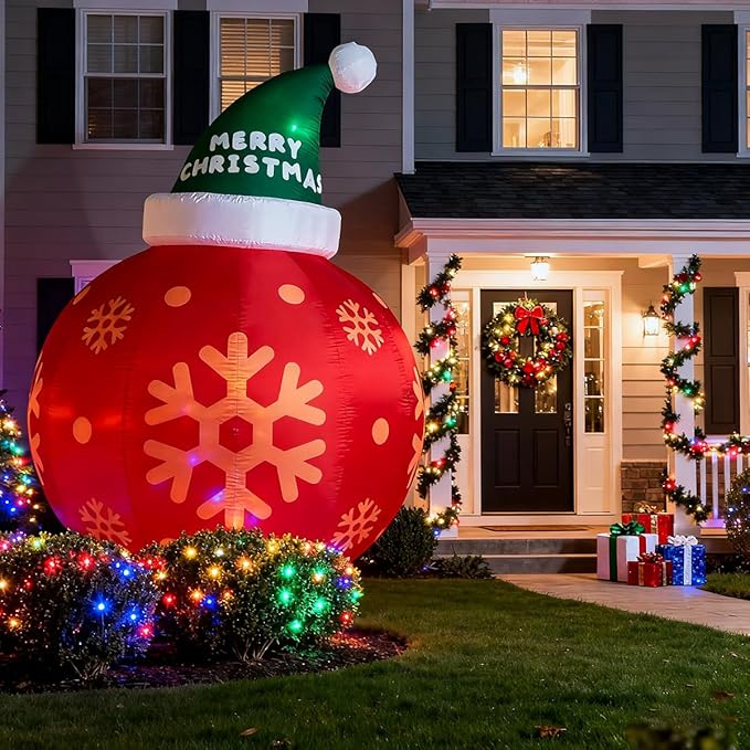 8ft Red Christmas Ball with Santa Hat Inflatable Outdoor Indoor Decor, Giant Blow Up IP44 Weatherproof Xmas Decorations for Yard, Built-in 7-Color LED Rotating Light for Gardern Lawn Winter Holiday