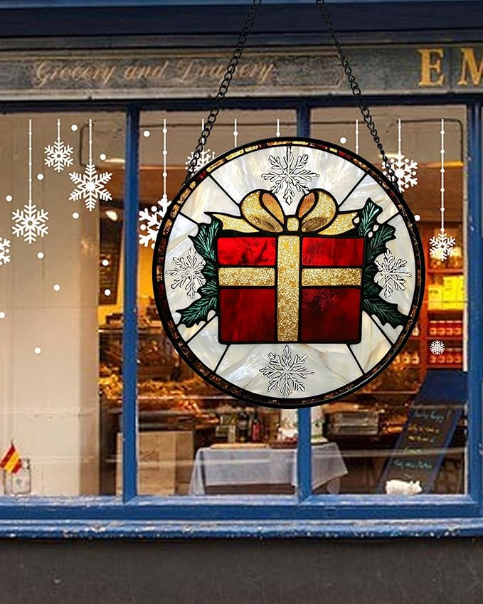 Stained Glass Window Hanging - Snowflake Gift Box Suncatcher for Doors Home Christmas Decoration Winter Sun Catcher Thanksgiving New Year Birthday Gifts for Women Men Mom Nana Girl 9.8 in
