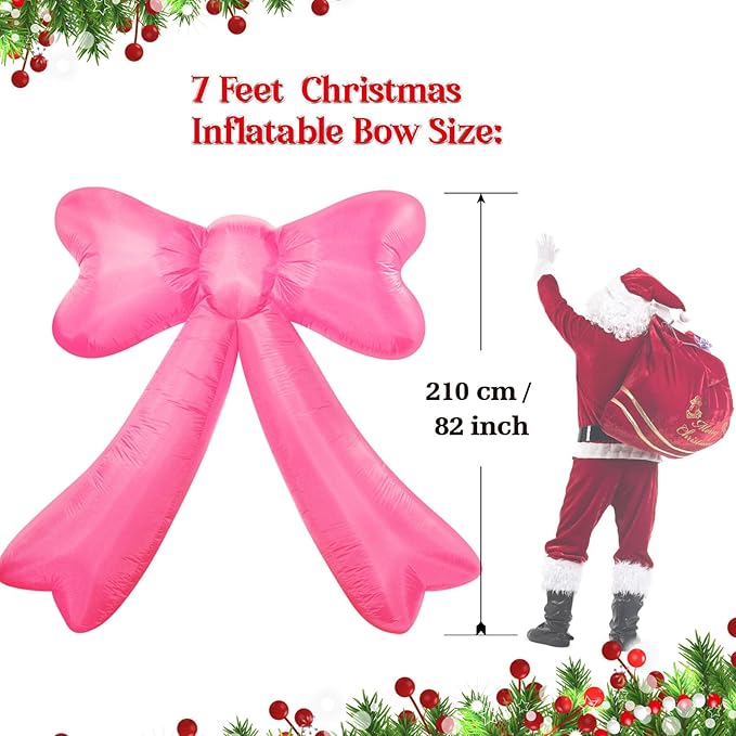 Christmas Inflatables Bow Lighted Yard Lawn Inflatable Decoration with Built-in Fan and Stakes Ropes Holiday Party Decor, Christmas Decor (7FT-Pink Bow)