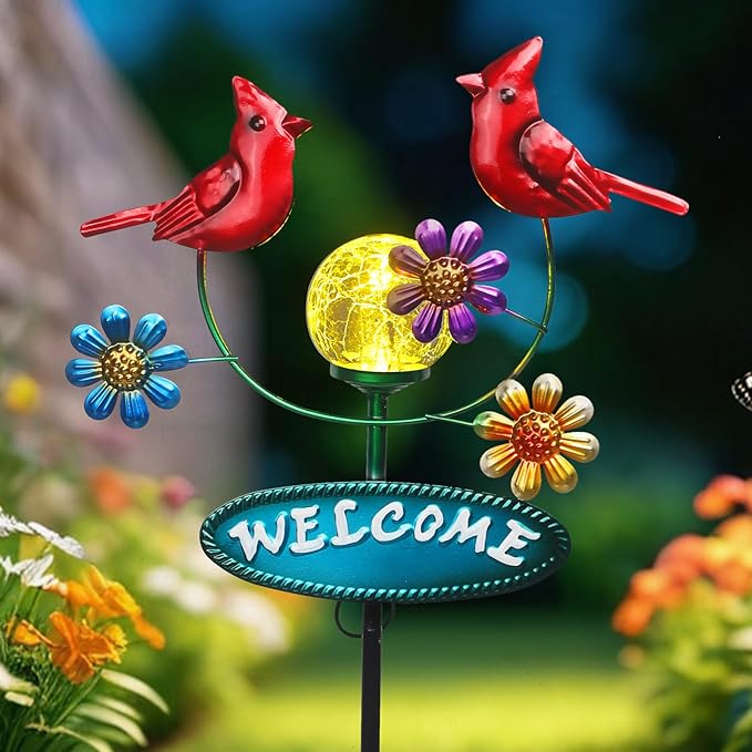 Solar Garden Stakes Metal Welcome Signs for Outside 29.5', 2 Flying Cardinals with Cracked Glass Ball,Decorative Garden Stakes for Lawn, Patio, Cardinal Gifts for Women