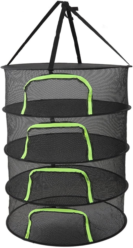 Cyrank Herb Drying Rack, 4/6 Layer Hanging Mesh Net for Plants Seeds Buds, Foldable Plant Drying Net with Storage Bag, 23.6" Diameter Fit in Grow Tents Closets Hydroponics, Zipper Closure(4 Layer)