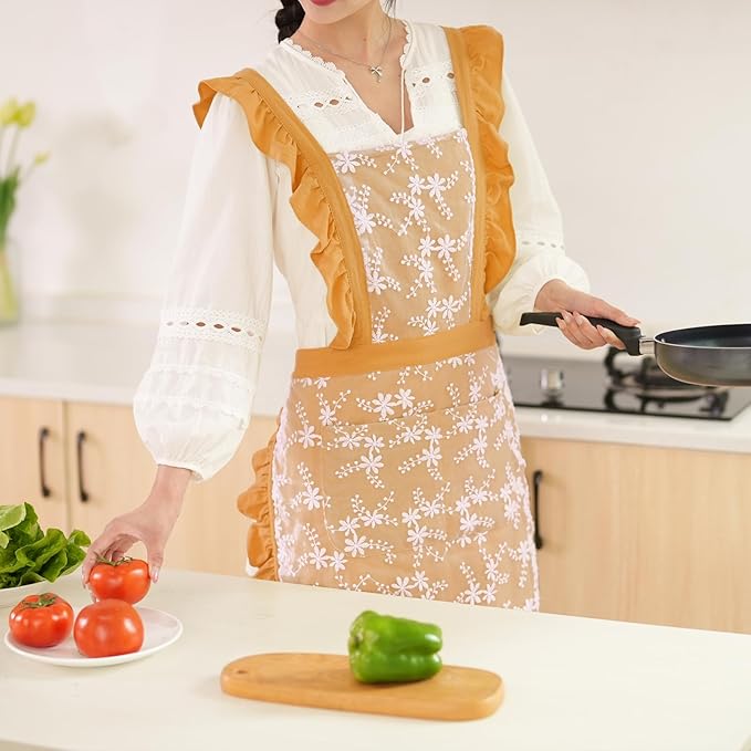 Vintage Pinafore Apron Dress for Women with Pockets Cute Floral Chef Aprons for Kitchen Cooking Baking Gardening