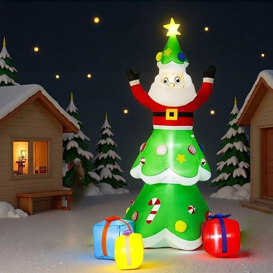 8-Foot Christmas Tree Outdoor Yard Inflatable Decoration with Christmas Santa Claus Decorations (with LED Lights), Includes Gift Box, Perfectly Suitable for Christmas Holiday Lawns and Garden Parties