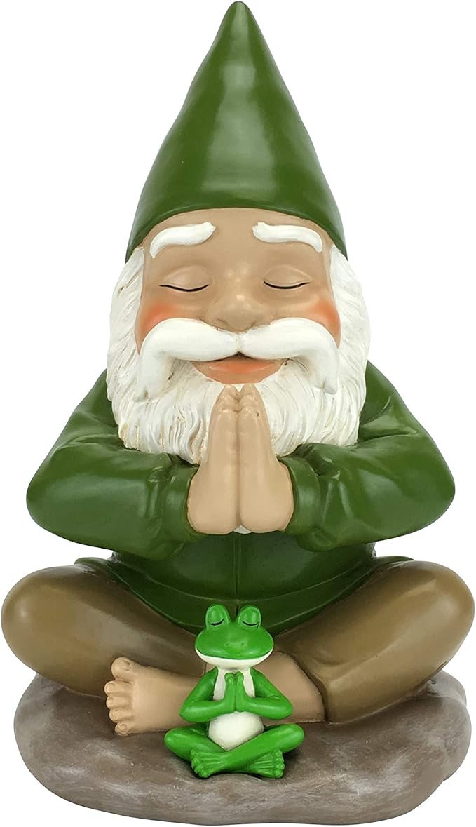 GlitZGlam Zen Gnome and Zen Frog - Namaste– Tranquility and Peacefulness for Your Fairy Garden and Garden Gnomes A Large 9¼ Inches Tall Miniature Gnome Figurine