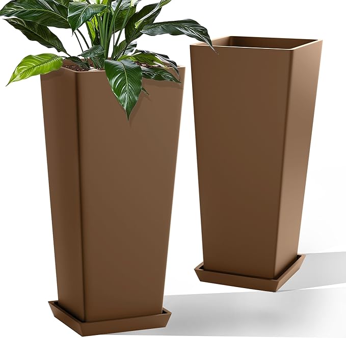 Set of 2 Large Planters for Outdoor Plants 24" Tall Tapered Modern Flower Pots with Drainage Tray for Garden, Patio, Porch (Brown)