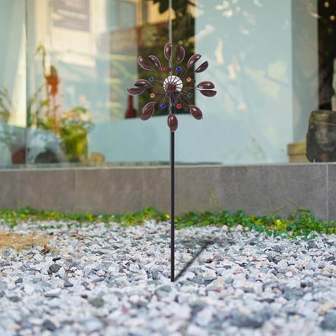 NUENUN Wind Spinner Outdoor Metal - Multi-Color Seasonal LED Lighting Solar Powered Glass Ball with Kinetic Wind Spinner Dual Direction for Patio Lawn & Garden (Coffee Ribbon Light)