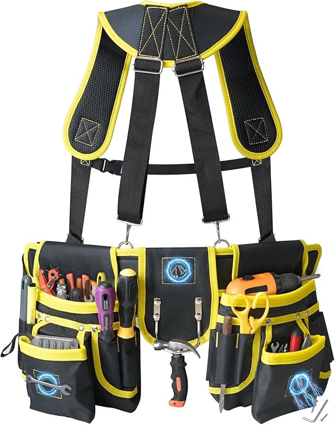 Tool Belts for Men with Suspenders - Magnetic Tool Pouch 26 Pockets Heavy Duty Work Belts - Detachable Adjustable Tool belt Pouch Bag for Electrician, Carpenter, Construction