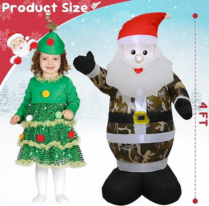 4FT Inflatable Camouflage Santa Claus Decor,with LED Lights Christmas Blow up Decorations Indoor Outdoor ,Xmas Inflatable Holiday Decor, Garden Yard Lawn Ornament Perfect for Festive Celebrations