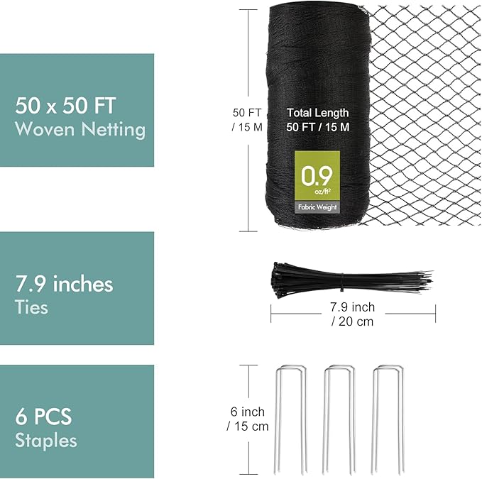 Bird Netting for Garden, Fetanten 50 x 50 FT Netting for Garden Protection Vegetables Fruit Trees Blueberry from Birds Deer Poultry, Heavy Duty Woven Mesh Net Animal Fencing with Ties and Staples