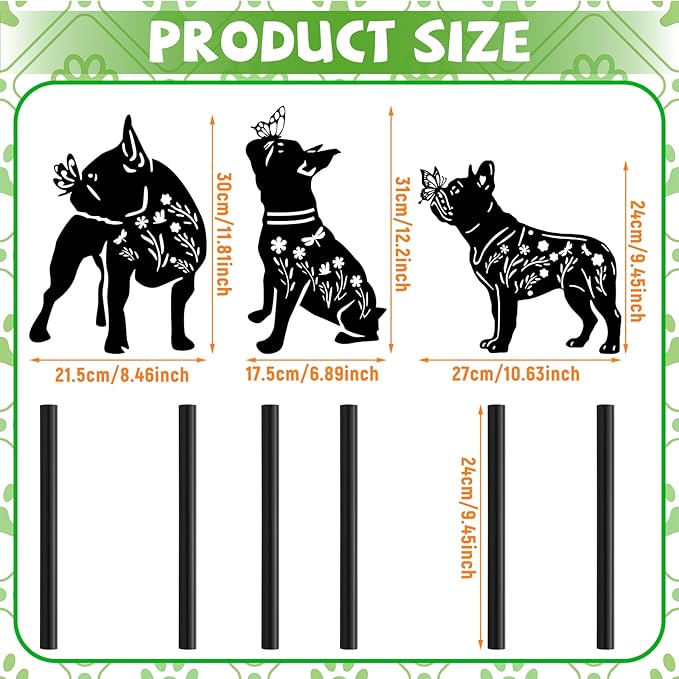 3 Pcs Metal Dog Garden Decor for Outside 12" Puppy Garden Stake Black Silhouette Statues Outdoor Decoration for Animal Lovers Gifts Women Men Patio Lawn Lawn Yard Art(Bulldog)