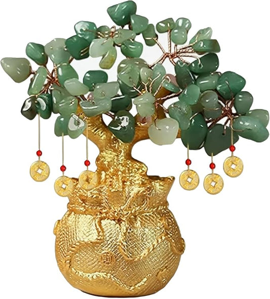 Green Aventurine Money Tree – Feng Shui Wealth Prosperity Golden Bag Bonsai Lucky Gemstone Home Office Decor (14cm Height)