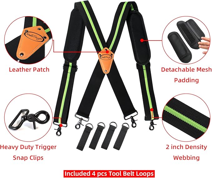 MELOTOUGH Tool Belt Suspenders Tool belt Harness for Heavy Duty Work belt with Movable shoulder Pads, Quick lobster clasp (Green Strip)