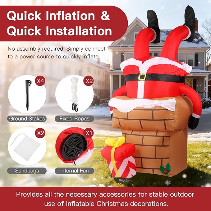 6FT Christmas Inflatables Decorations Outdoor，Blow Up Santa Claus Stuck in The Chimney with Built-in LEDs Lights for Indoor Holiday Party Yard Garden Lawn Décor