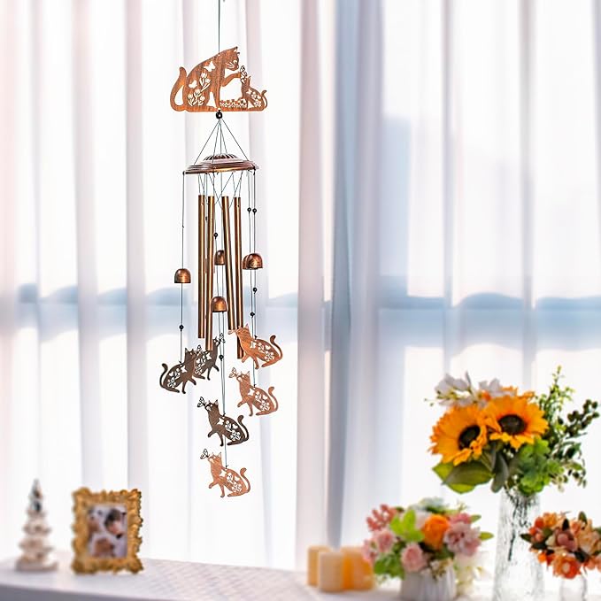 Cat Wind Chimes Outdoor Cat Gifts for Women Men Mom Gardening Birthday Gifts Metal Memorial WindChimes for Outside/Indoors, Lawn, Patio, Yard Art, Garden Decor, Yard Decorations