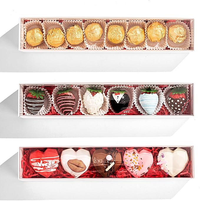 RomanticBaking 51 Pack 12x2¼x2 Inch Long Bakery Boxes with Full Window Drawer Strawberry Boxes,Macaron boxes,Chocolate Boxes Truffle Boxes