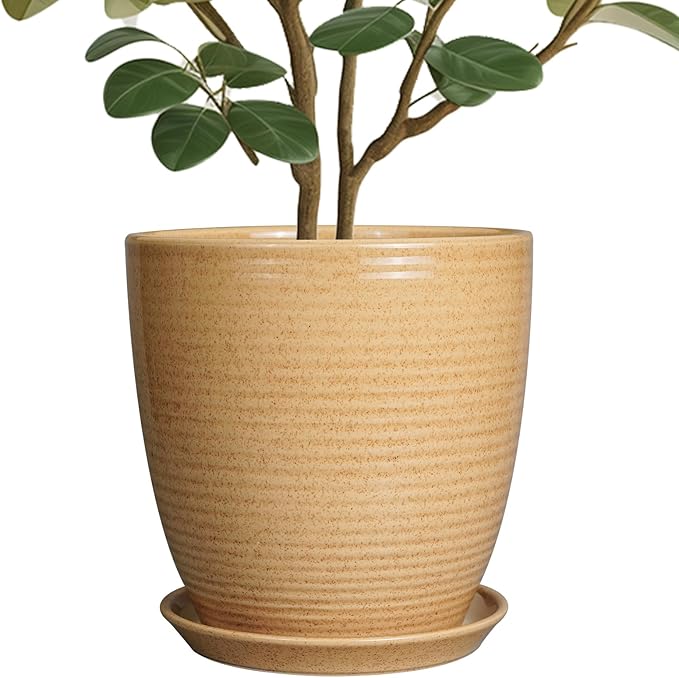 Ceramic Pot for Plants - 10 Inch Plant Pot with Drainage Hole and Saucer Outdoor Planter for Indoor Plants Round Flower Pot for Home Patio Garden Office Yellow