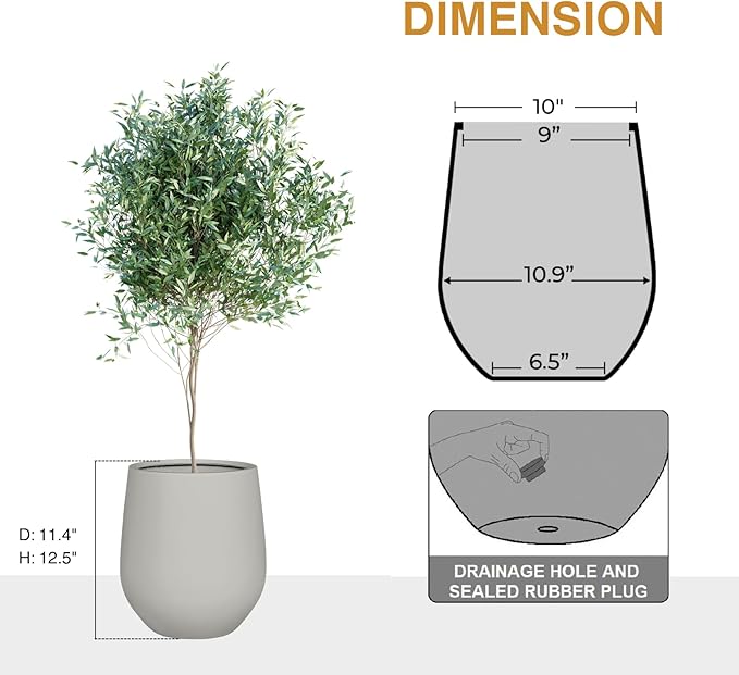 12.5" H x 11.4" D Corso Fiberstone Round Tapered Planter, Christmas Tree Planter, Smooth Finishes, Weather Resistant for Indoor & Outdoor Use, 2 Extra Coco Mats (Light Gray, 9" Pot Opening)