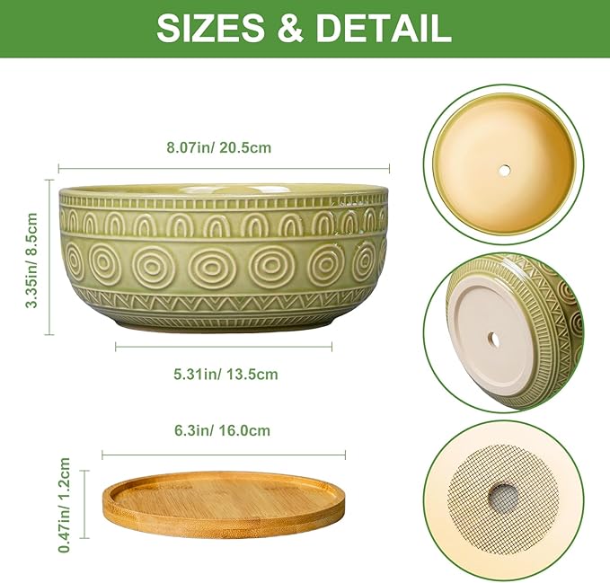 Bonsai Pots - 8 Inch Ceramic Succulent Pots with Drainage Hole and Saucer, Shallow Round Planter for Indoor Plants, Boho Bowl Planter, Room Decor, Green