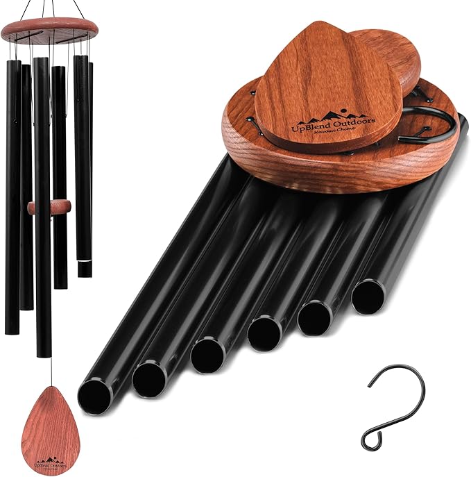 UpBlend XL Wind Chimes for Outside Gift – Deep Tone Wind Chime with Decorative Stone – Porch & Patio Decor, Elegant Outdoor Ornament, Garden Gifts. 38” Black.