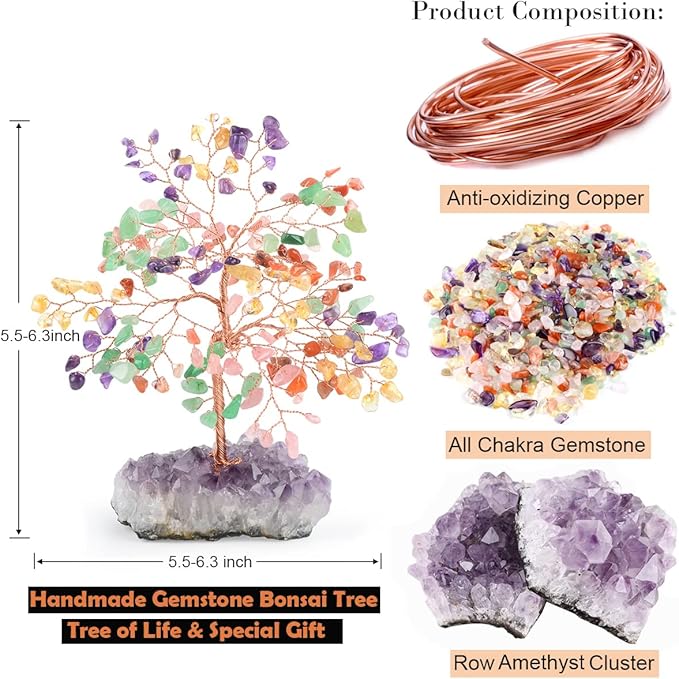 Gemstone Crystal Treeof Life,Chakra Tree Multi Stone Amethyst Cluster Base,Feng Shui Home Decor Bonsai Money Tree,Positive Energy Healing Crystals,Spriture Gift,Size 5.5"-6.3"