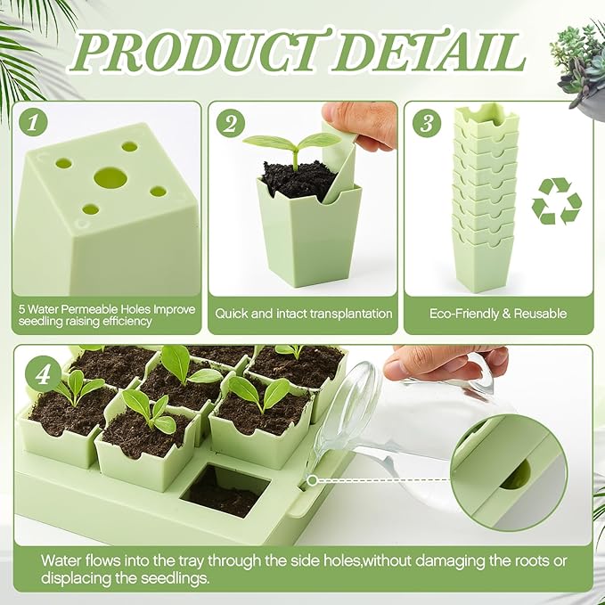 2 Set Seed Starting Tray, Portable Labeled Handle for Transplanting, 18 Deep 2.36" Cells, Each Cell Operated Independently, Reusable Seed Tray with Drainage Hole, Indoor, Outdoor
