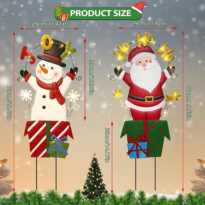 Christmas Outdoor Yard Signs Decorations, LED Solar Metal Garden Stake Lights with Joy for Patio Lawn Christmas Decor (Snowman&Santa Claus)