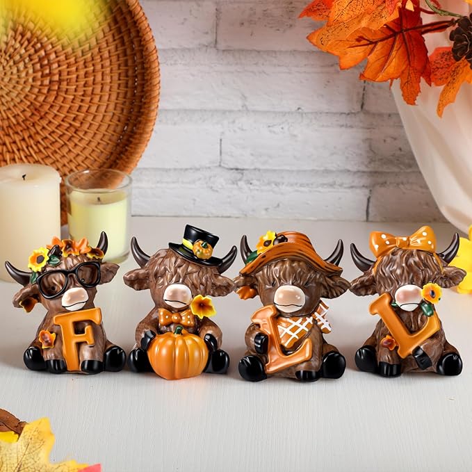 Sosation 4 Pcs Fall Highland Cow Figurines Autumn Pumpkin Highland Cow Gnomes Maple Leaf Scottish Resin Statue Calf Lovers Gifts for Thanksgiving Home Garden Kitchen Office Tiered Tray Table Decor
