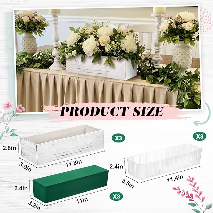 Dandat 3 Set Wood Boxes for Centerpieces 12x4 Inch Rectangle Wooden Planter Box Rustic Wooden Planters with Removable Plastic Liner Floral Foam Blocks for Christmas Wedding Home Garden Decor