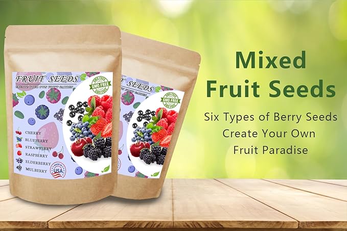 1000pcs Mix Fruit Seeds Berry Seeds for Planting Strawberry Raspberry Mulberry Blueberry Elderberry Cherry 6 Varieties Individually Packaged for Home Garden