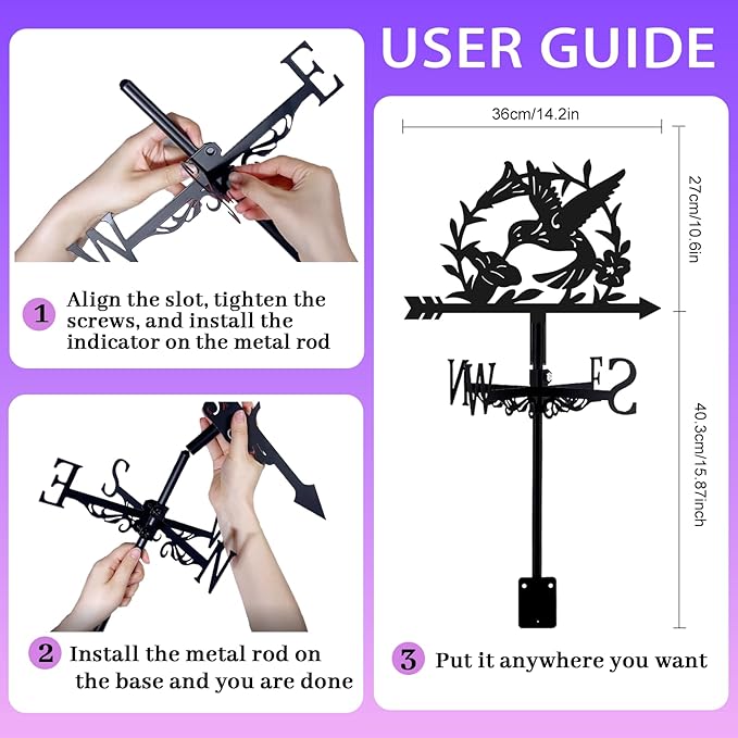 3D Hummingbird Weathervane Metal Wind Vane Weathercock Garden Decoration Wind Direction Indicator Stake Roof Mount Ornament for Farmhouse Yard Outdoor