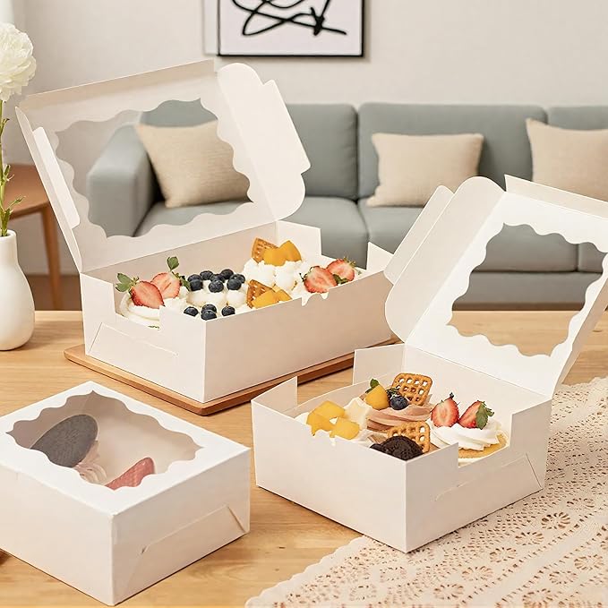 30pcs Cookie Boxes with Window, 6x6x3 Inches White Bakery Boxes, 36 Pcs Stickers,for Small Cookies, Treats, Candy, Desserts, Chocolate Covered Strawberries,Mini Cake Boxes