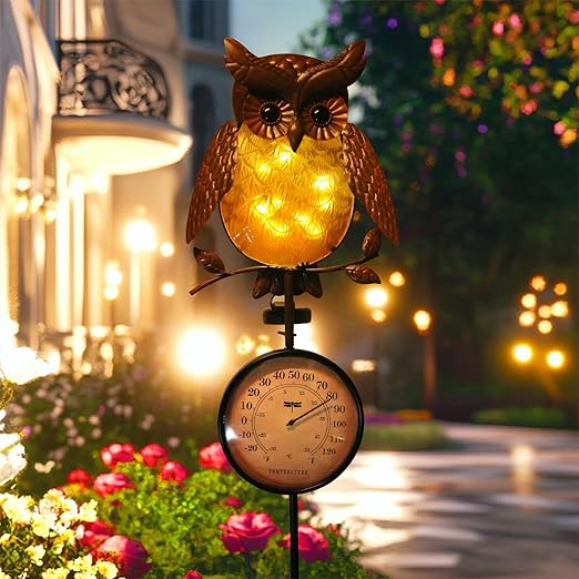 HONGLAND Solar Outdoor Temp Stakes Outdoor Thermometers for Outside Metal Owl Waterproof Patio Lawn Temperature with Solar Warm LED Lights for Yard and Garden, Holiday Gifts for Man Woman