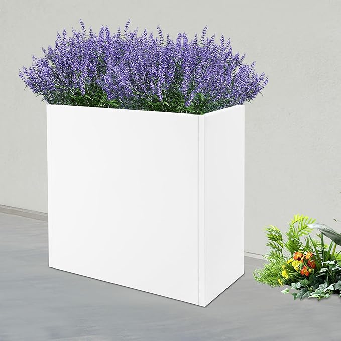 Metal Planter Box, Tall Rectangular Raised Garden Bed with Removable Shelf and Drainage Holes, Modern Steel Garden Planter, Flower Planter Boxes for Patio, Yard & Porch, Outdoor (White, 28*12*28in)