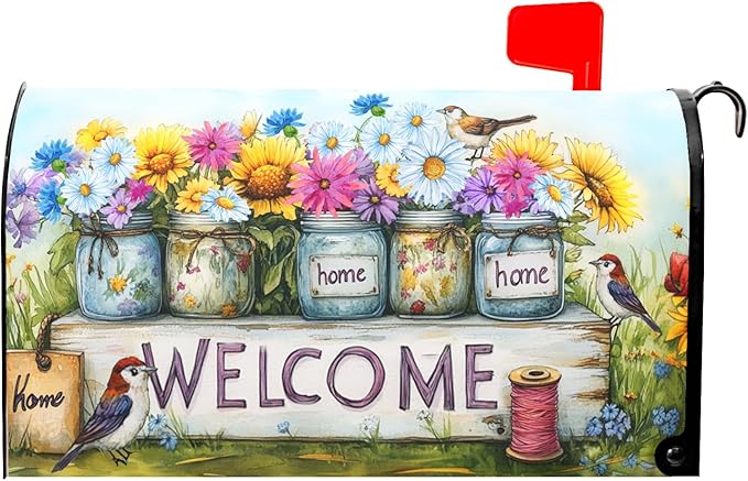 Spring Summer Floral Mailbox Covers Magnetic Standard Size 21 X 25.5 Inch Welcome Magnetic Mailbox Cover Bird Flowers Mailbox Wraps Post Box Cover Decoration Outdoor Garden Home Yard Outside