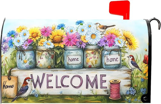 Spring Summer Floral Mailbox Covers Magnetic Standard Size 21 X 25.5 Inch Welcome Magnetic Mailbox Cover Bird Flowers Mailbox Wraps Post Box Cover Decoration Outdoor Garden Home Yard Outside